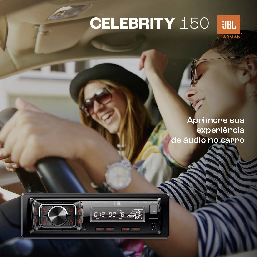Two people are happily driving in a car. At the top, it reads 'CELEBRITY 150'. In the bottom left, there is a JBL car radio with a display. In the background, there is text in Portuguese.