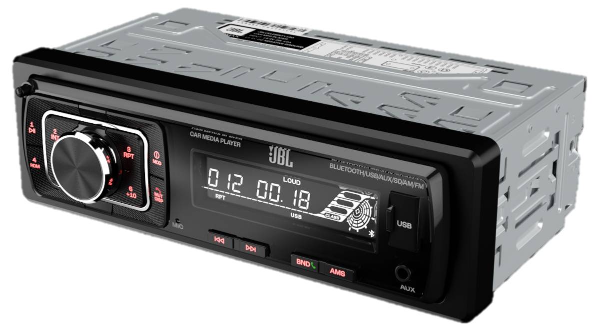 Black car radio with Bluetooth and USB port. Display shows time 00:12:00:18. Buttons for volume, menu, AM/FM and AUX.