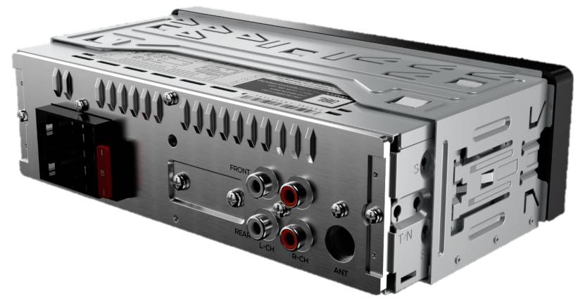 Rear view of a car radio with multiple connection sockets and ventilation slots. Connections for speakers and antenna are visible.