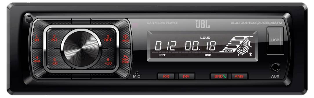 Car radio with display showing '01 2 00 18 RPT USB', buttons and rotary control present. Marked with 'JBL'. Audio source: USB.