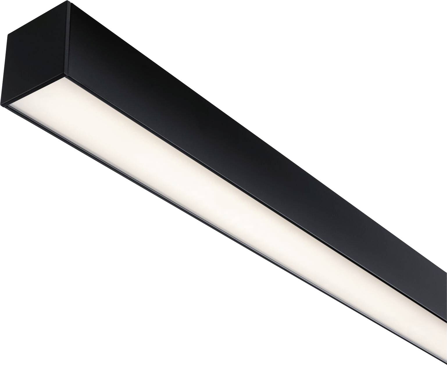 A simple, rectangular, black ceiling light with a white-illuminating area, typical of modern interiors.