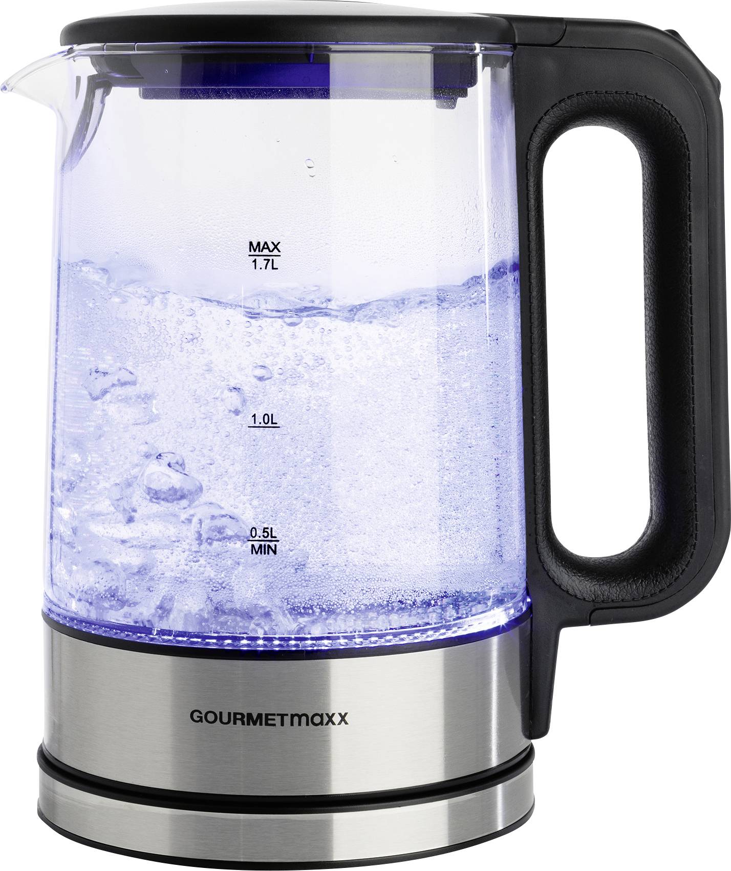 GOURMETmaxx Glas-Wasserkocher LED 1,7l 2200W Edelstahl/schwarz kabellos Kettle corded Black/stainless steel, Glass Capacity: 1.7