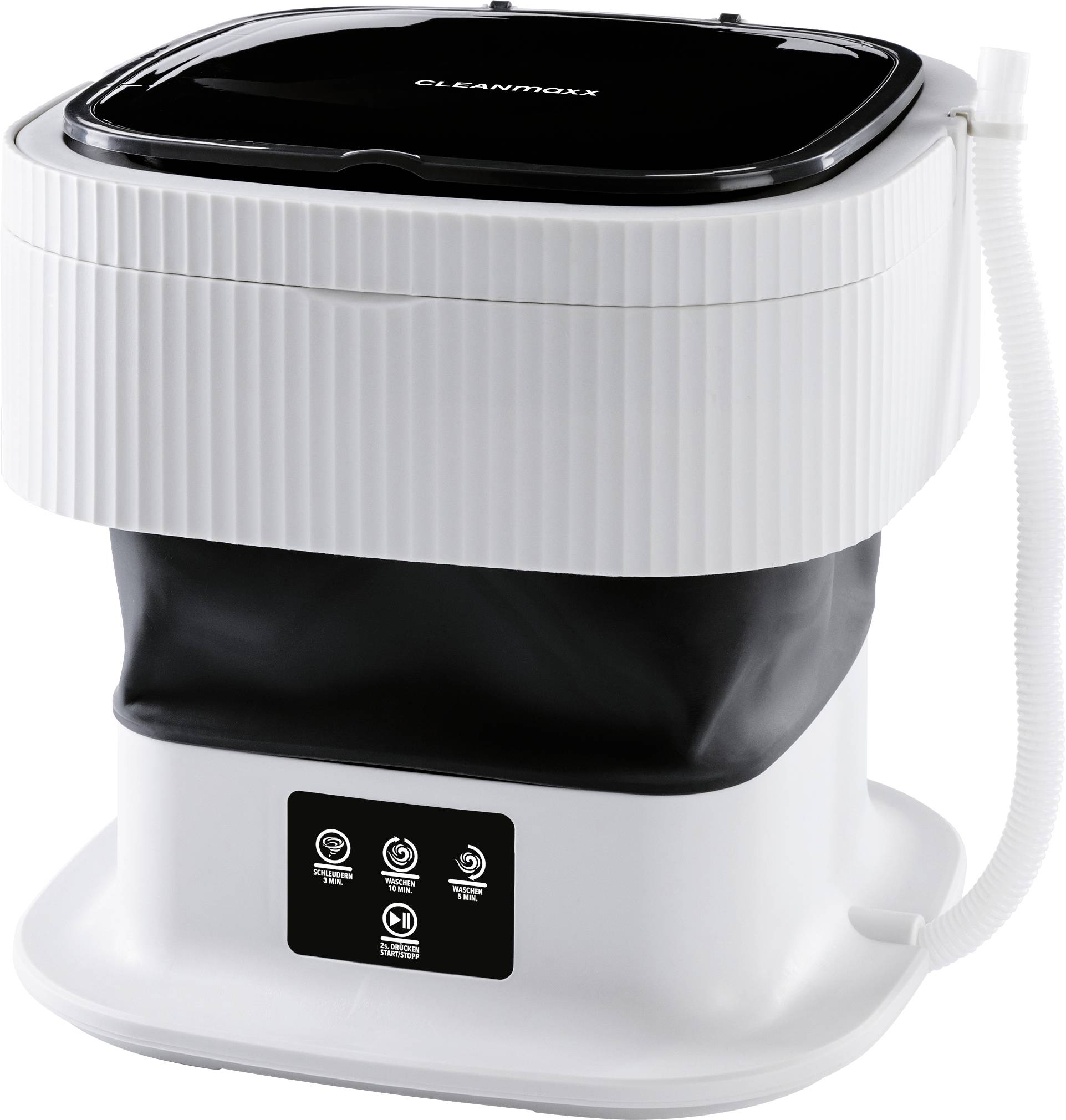 A portable mini washing machine in white with control panel and hose. Compact and suitable for small items of laundry.
