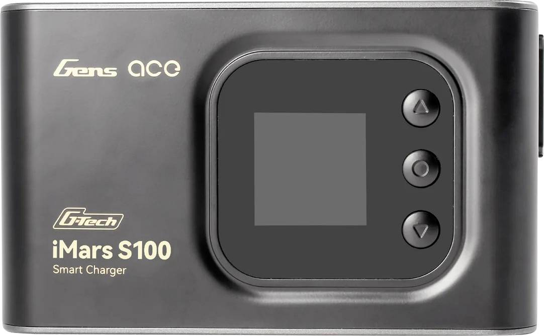 Black 'iMars S100 Smart Charger' with a digital display and three buttons on the right side, brand logo located top left.