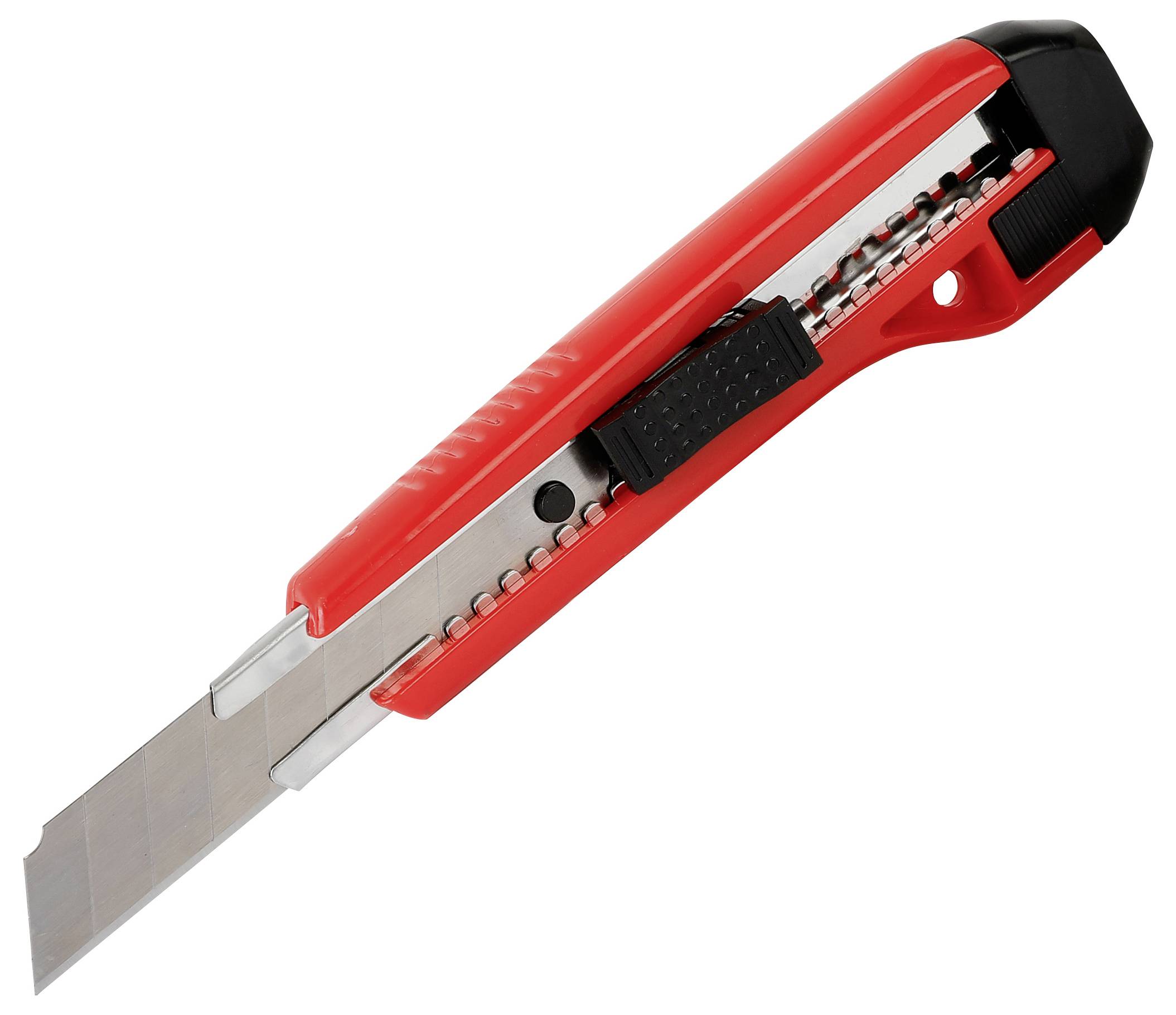 Red utility knife with a retractable blade, extended halfway. The knife features a textured grip and a black sliding mechanism for blade adjustment.