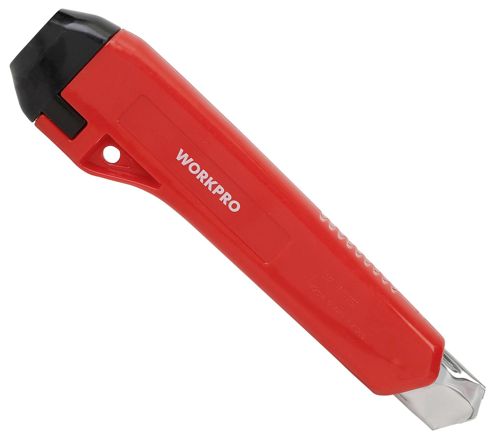 A red utility knife with a black tip and the word 'WORKPRO' printed on its side, designed for cutting applications.