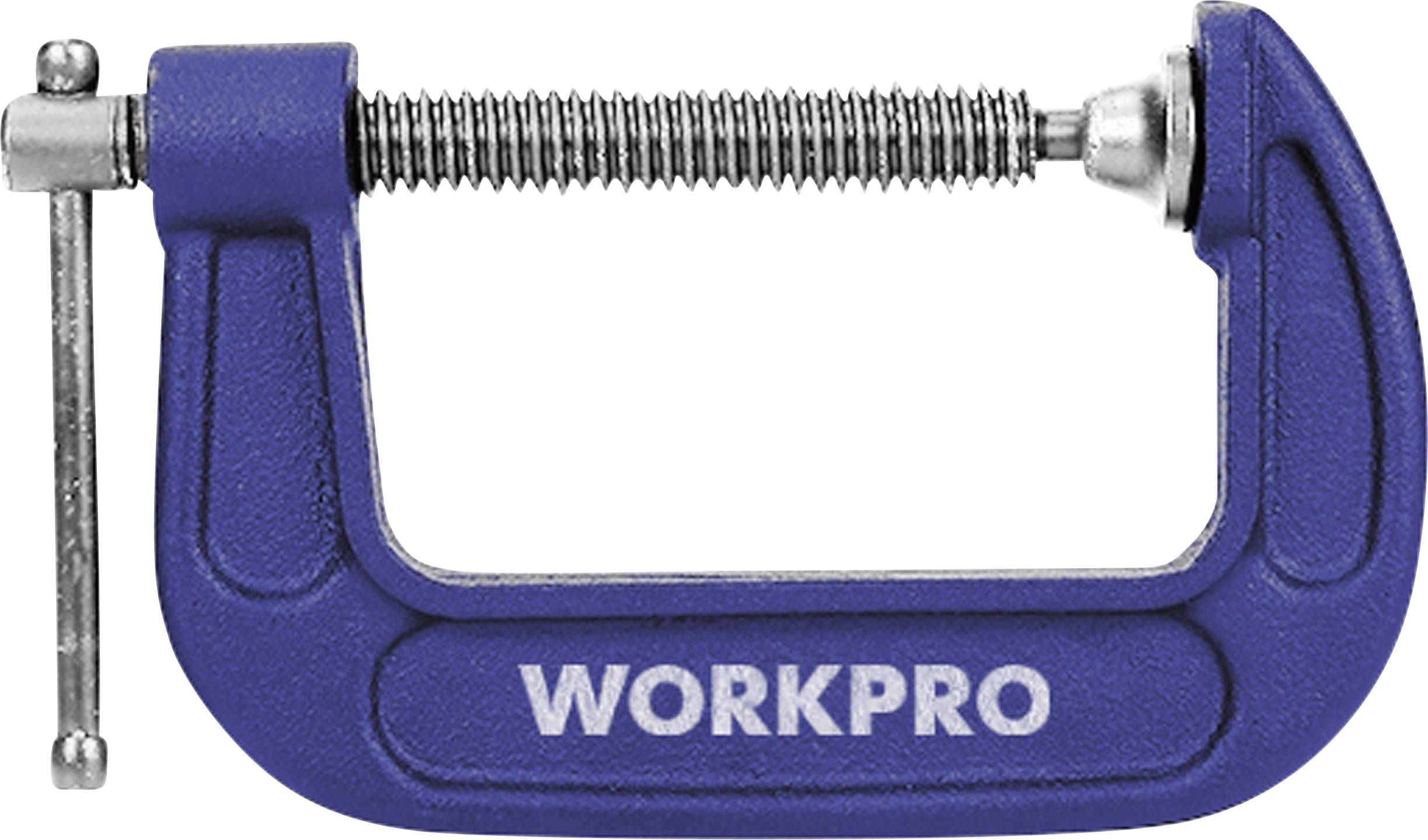 A blue G-clamp with 'WORKPRO' printed on the side. It has a metal handle for tightening the jaw.