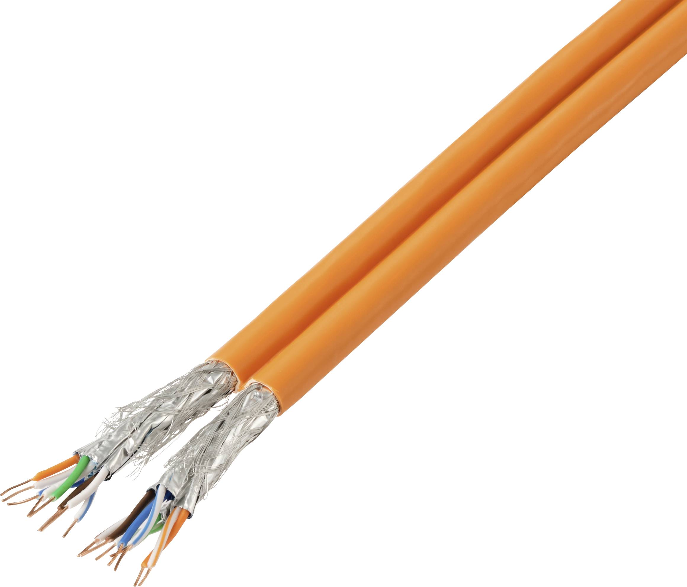 An orange network or data cable with exposed stranded wires at the end, suitable for technical applications.