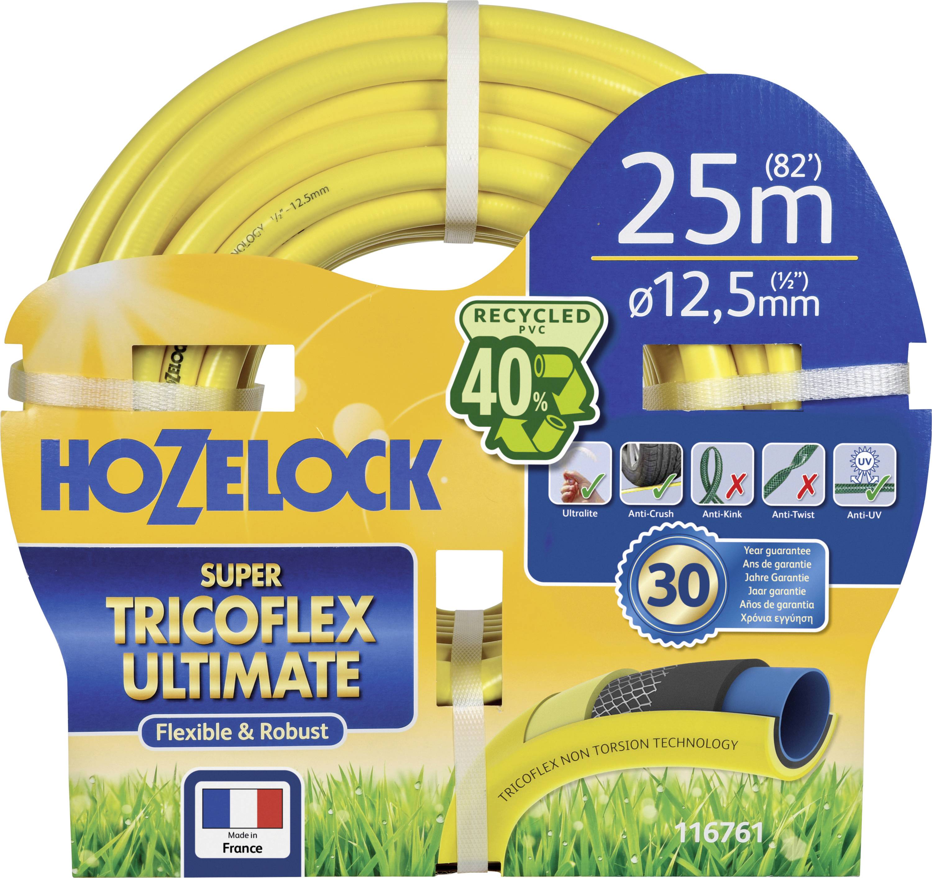 Garden hose 'Hozelock Super Tricoflex Ultimate', 25m long, 12.5mm diameter, recyclable, flexible and robust, manufactured in France.