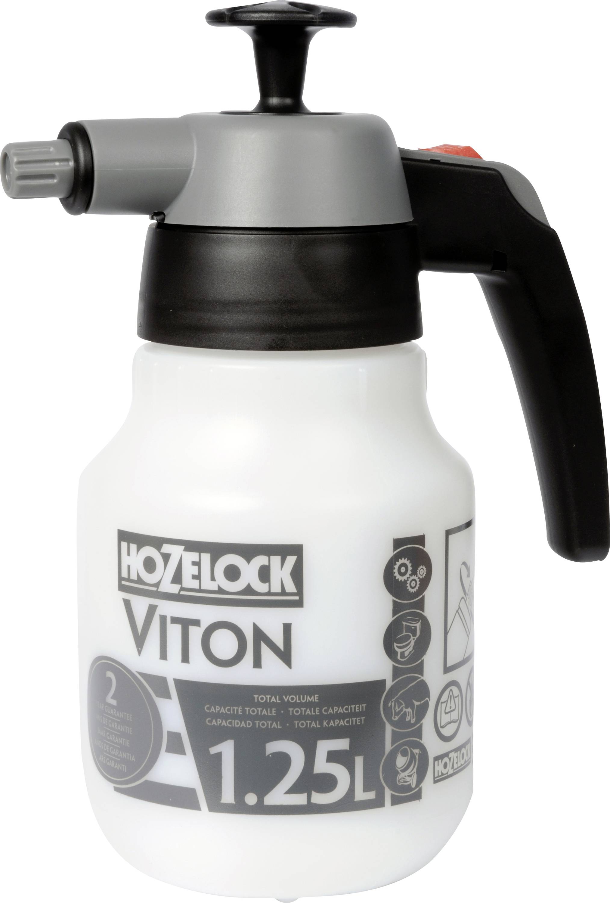 A black and grey pressure sprayer with a capacity of 1.25 litres. 'Hozelock' brand name and 'Viton' model printed on the surface.