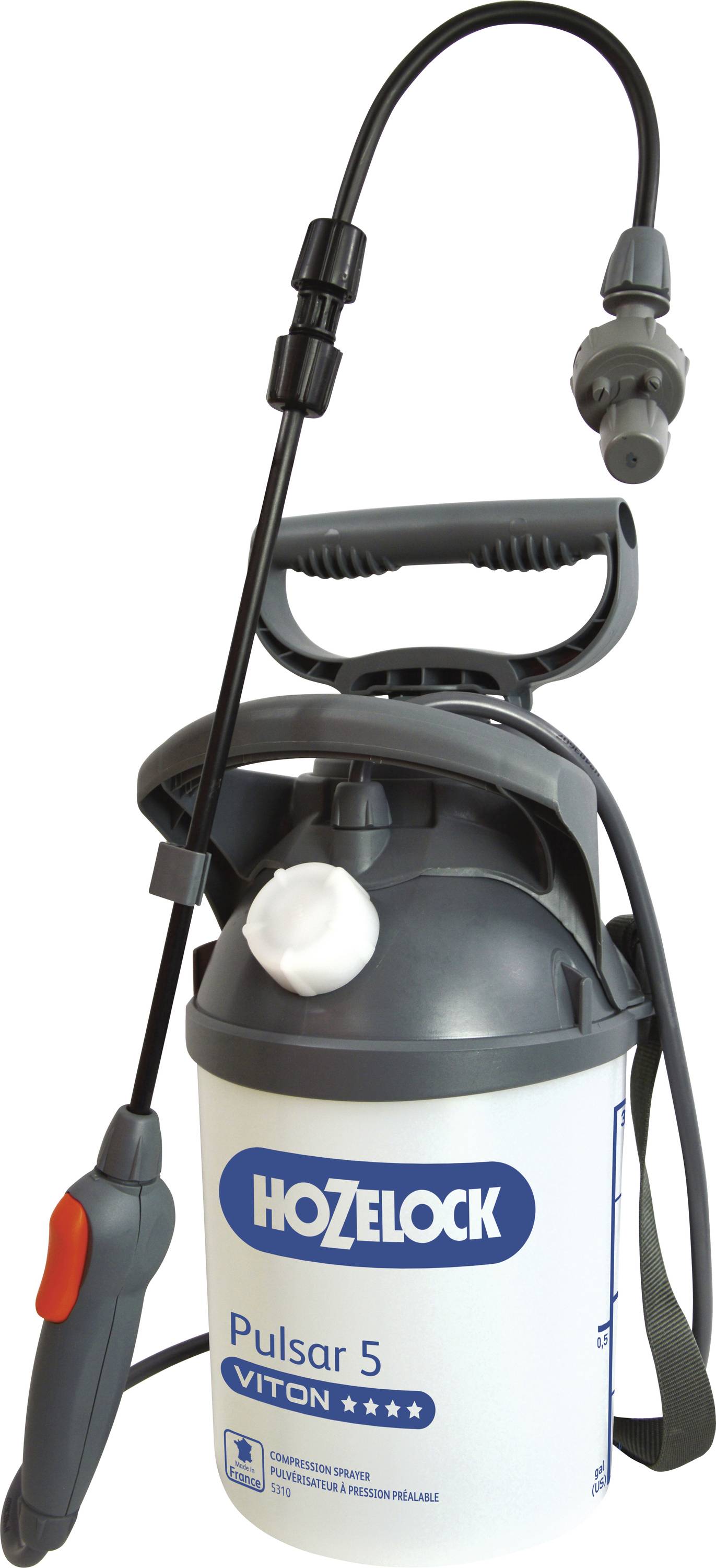 A portable pressure sprayer with a long handle and black hose, suitable for gardening tasks. On the container it reads 'Hozelock Pulsar 5'.