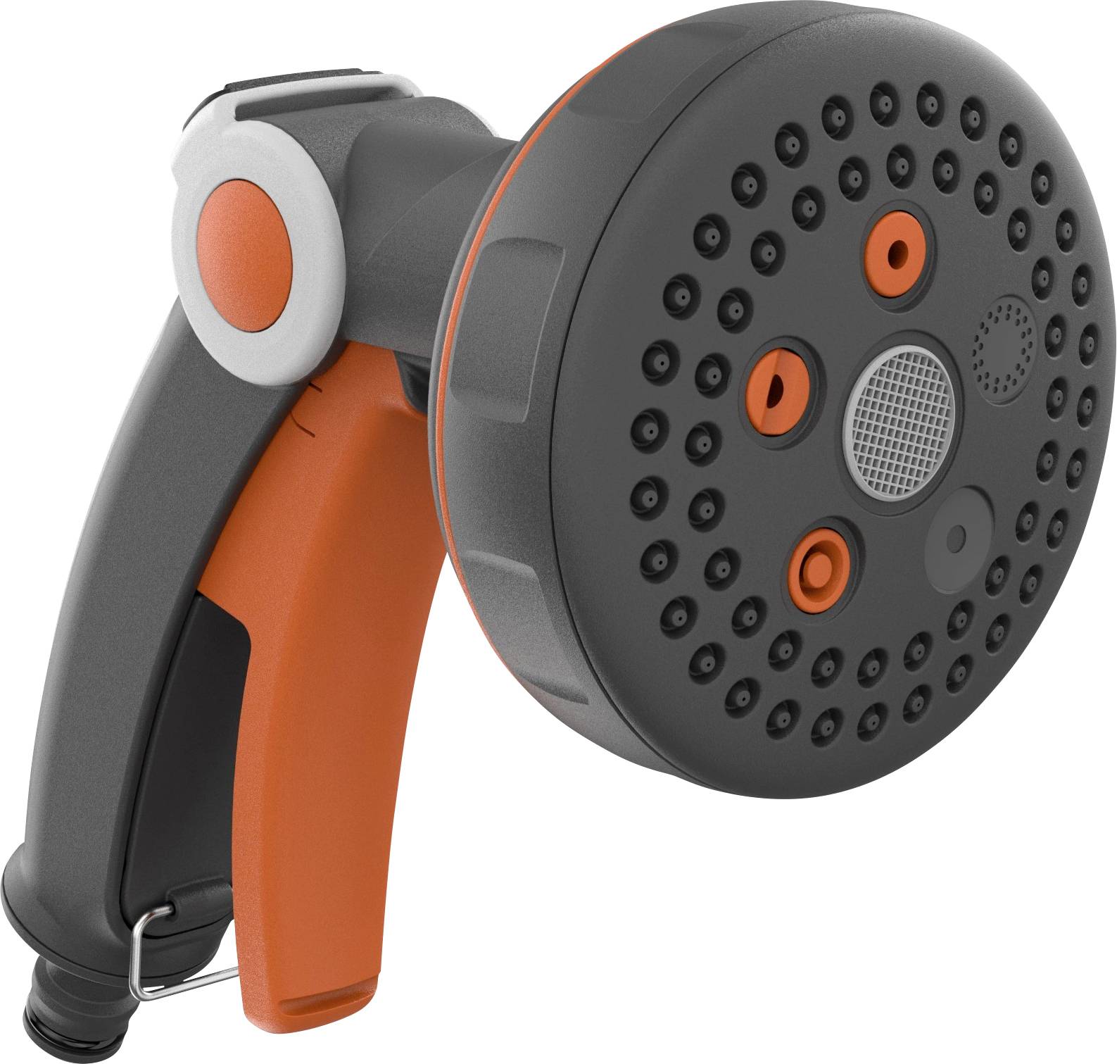 Watering spray with a black spray head and orange handle, suitable for gardening.