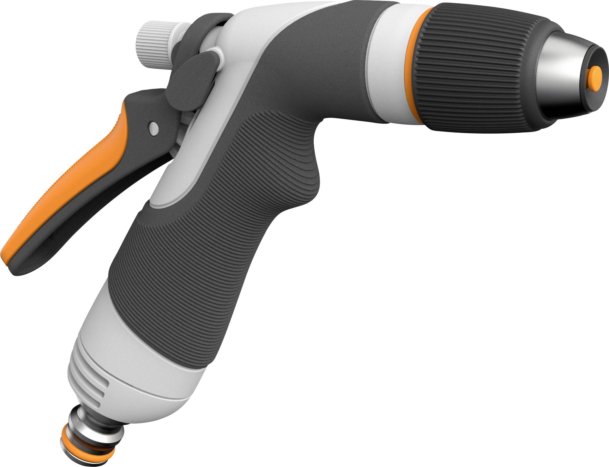 Garden spray gun with an ergonomic handle, grey body and orange accents, suitable for watering plants.