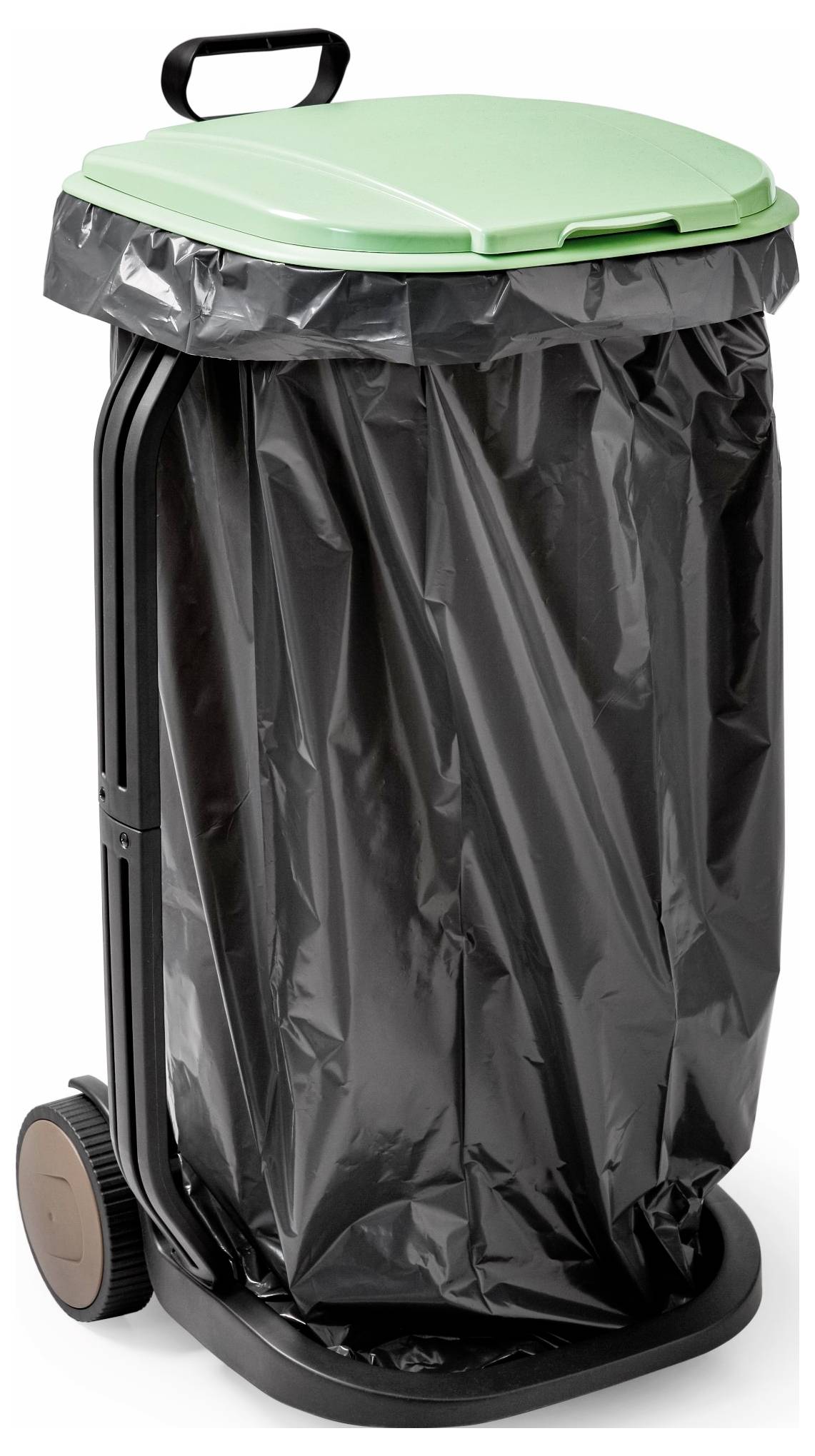 Black waste bin with green lid cover, two wheels, and a black bin liner.