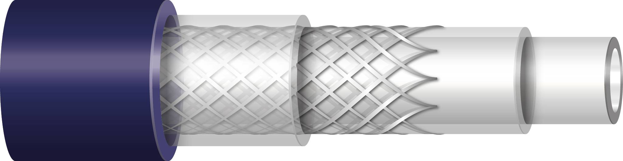 Schematic representation of a multi-layered cable with blue outer sheathing, braided metal screening, and internal insulation.