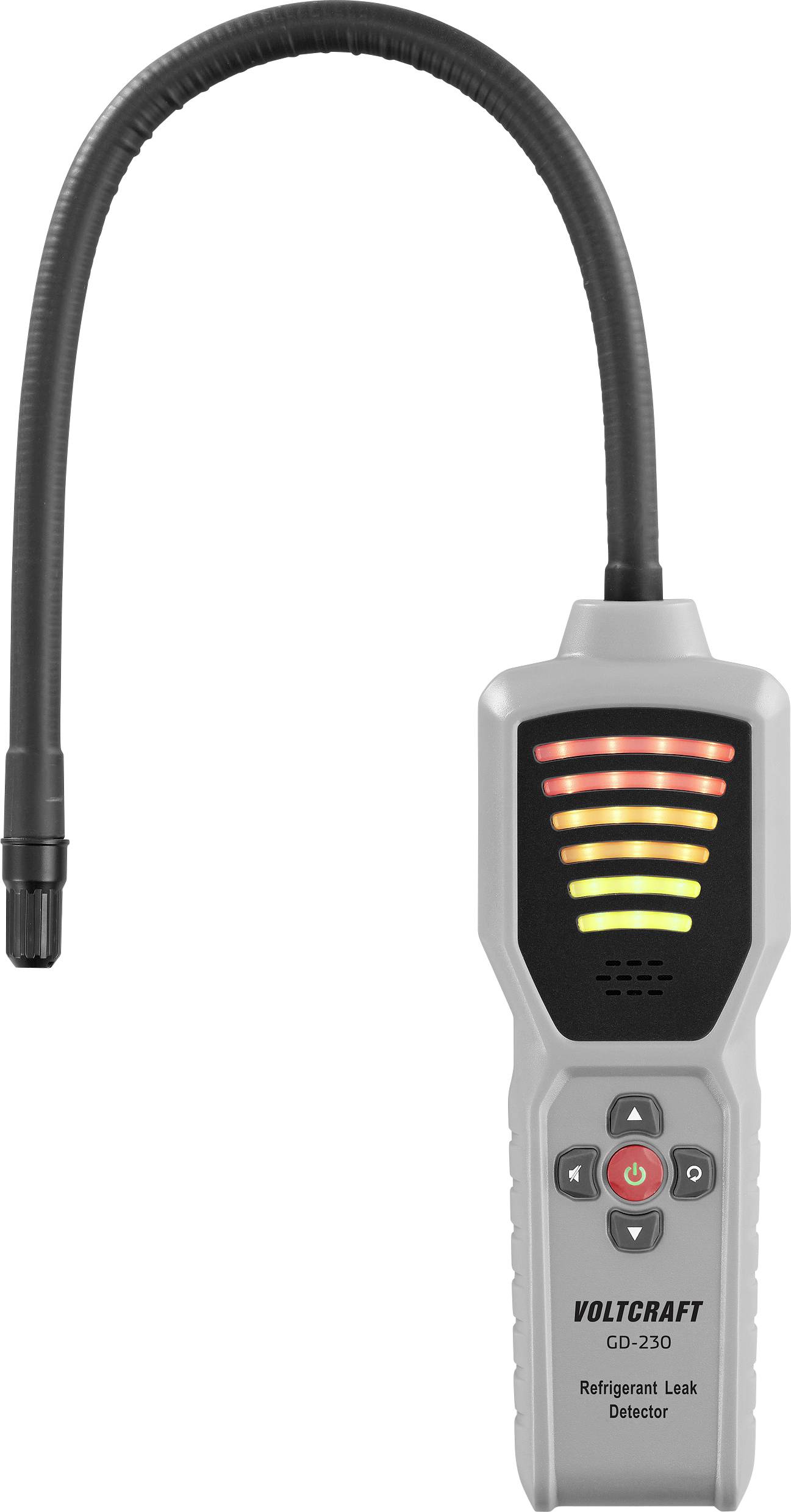Electronic leak detector with flexible gooseneck, LED indicators for leak intensity, control elements in the centre. Brand name 'Voltcraft'.