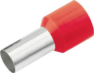 A red cable end ferrule with a metallic pipe extension, used for securely connecting cable ends in electrical installations.