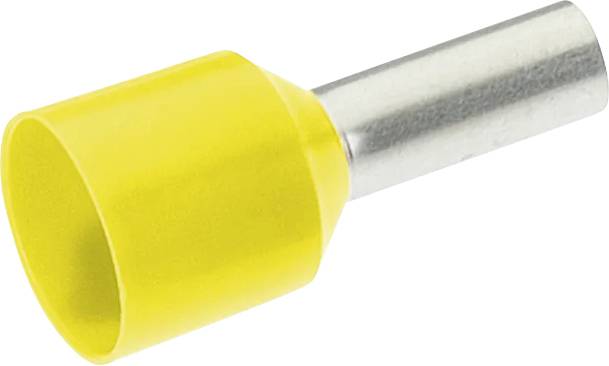 A yellow cable lug with a cylindrical metal sleeve, used for securely connecting electrical cables.