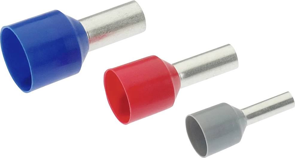 Three wire end ferrules in different colours (blue, red, grey) and sizes. They are used for connecting cable ends.