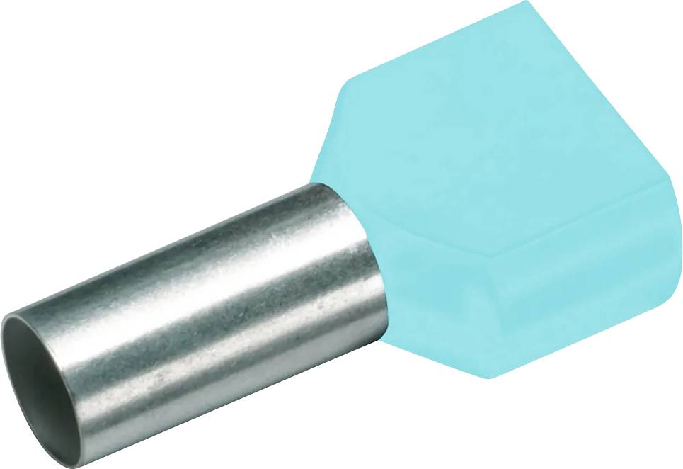 A blue cable end sleeve made of metal and plastic for securely connecting cable ends in electrical applications.