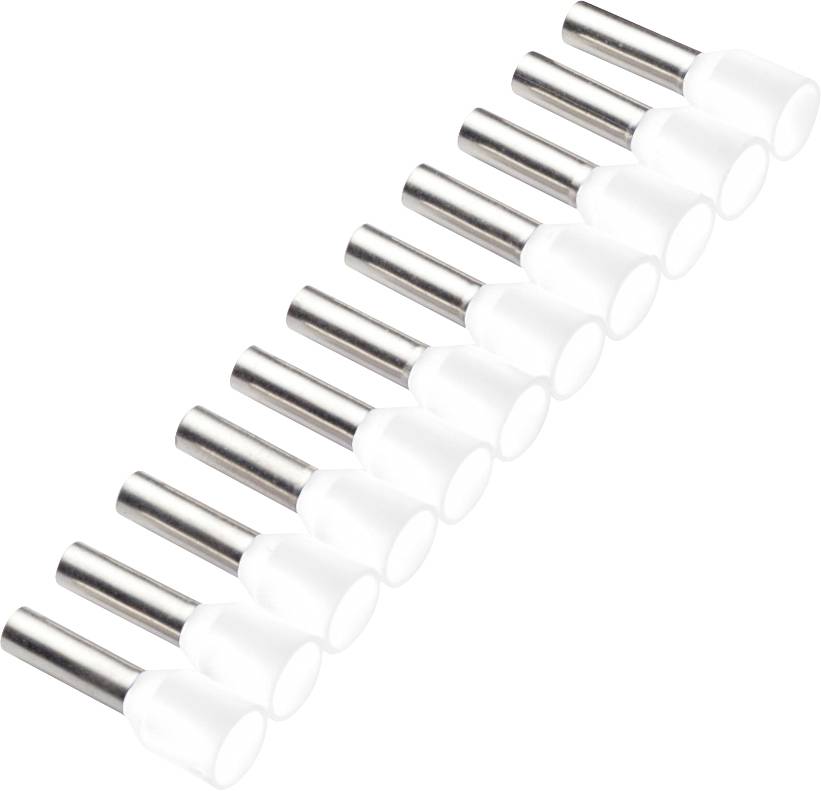 A row of ten cable shoes with silver metal sleeves and white plastic insulations on a white background.