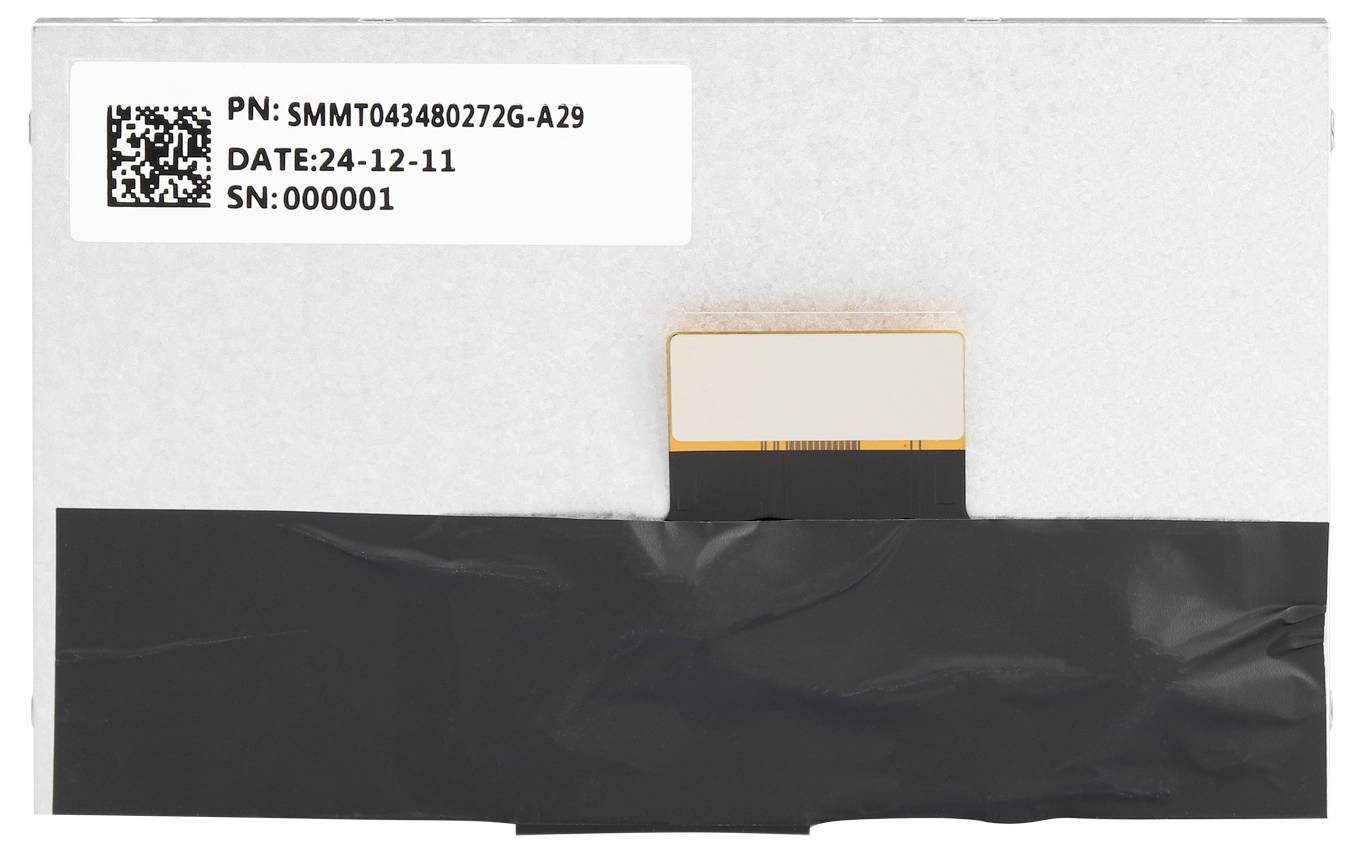 A rectangular electronic component with a barcode and the marking 'PN: SMMT043480272G-A29, DATE: 24-12-11, SN: 000001'.