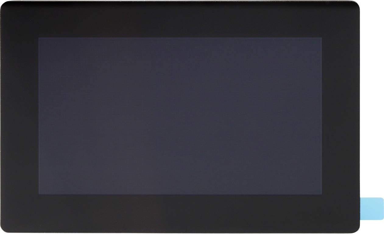 A black electronic screen with a small blue label on the right-hand side.