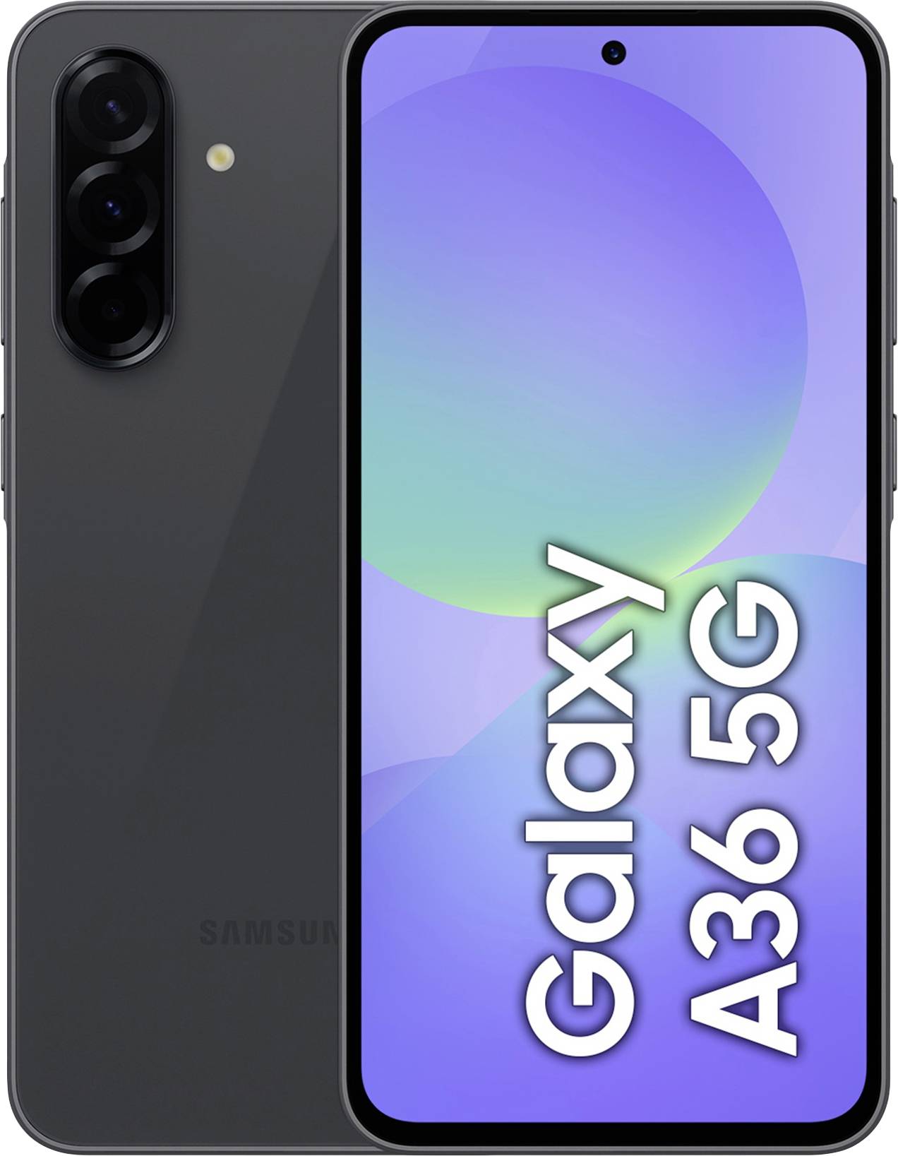 'Samsung Galaxy A36 5G' smartphone, front and rear view shown. Screen with gradient and model name. Device with three cameras.