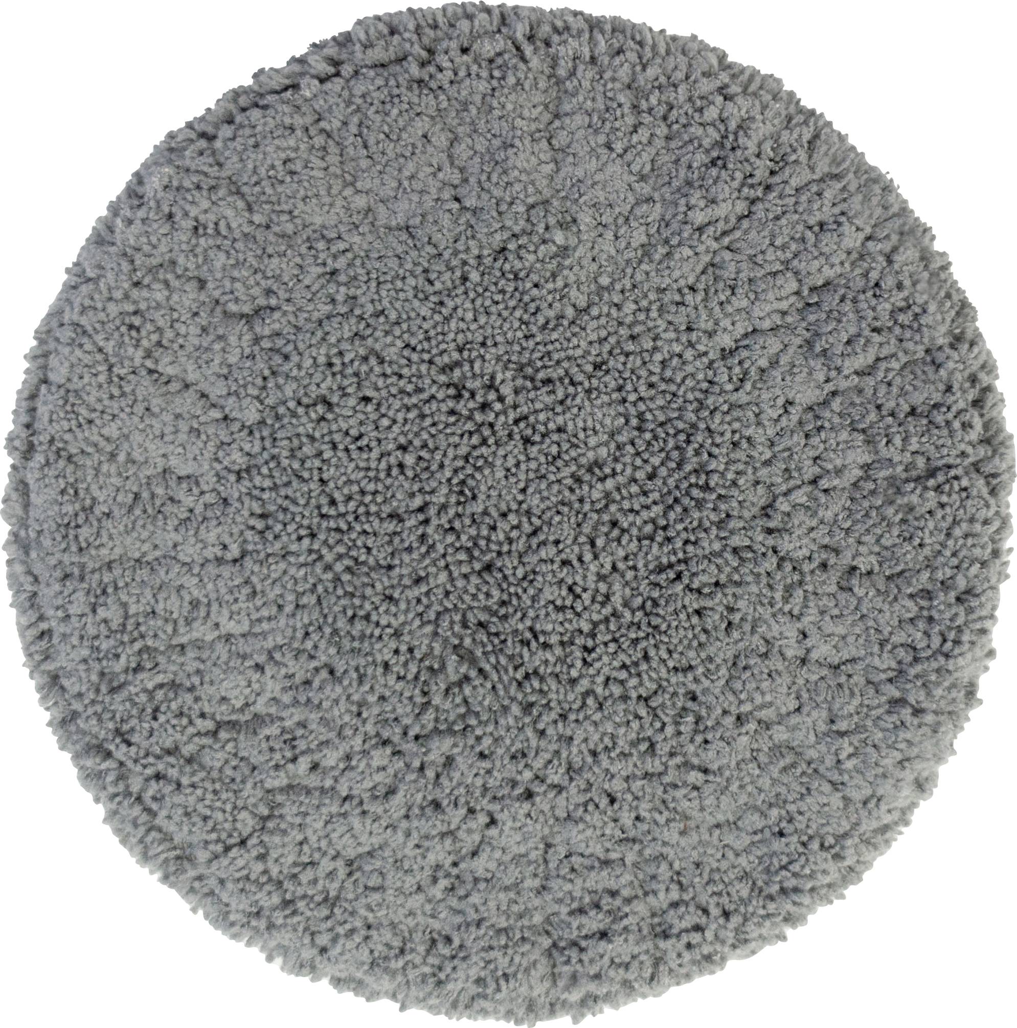 Grey, round, plush rug with a soft surface, suitable for living areas or bathrooms.
