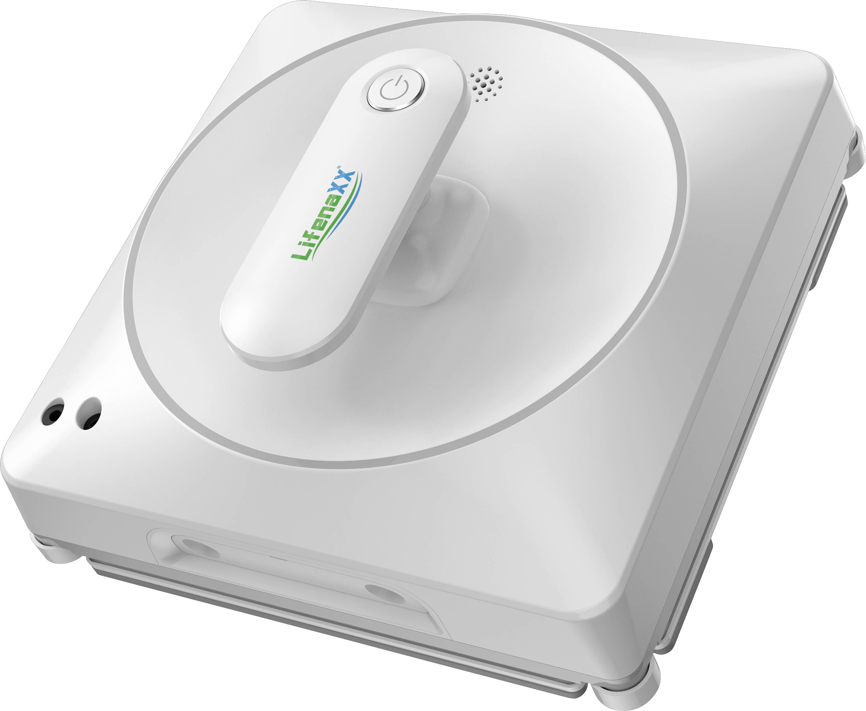 A square, white window cleaning robot by Liemax with a central handle and two round sensors on the front.