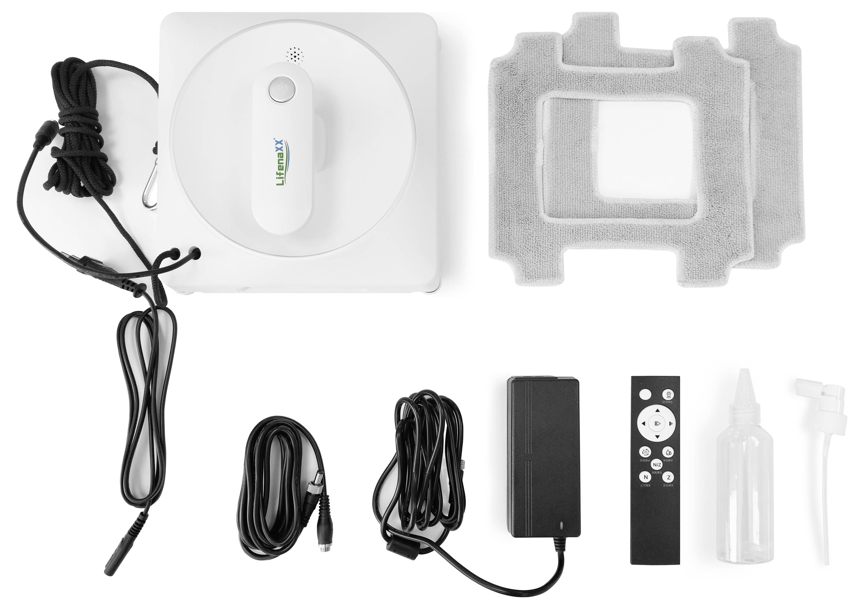 Window cleaning robot with accessories: charging cable, remote control, cleaning cloths, spray bottle and adapter, on white background.