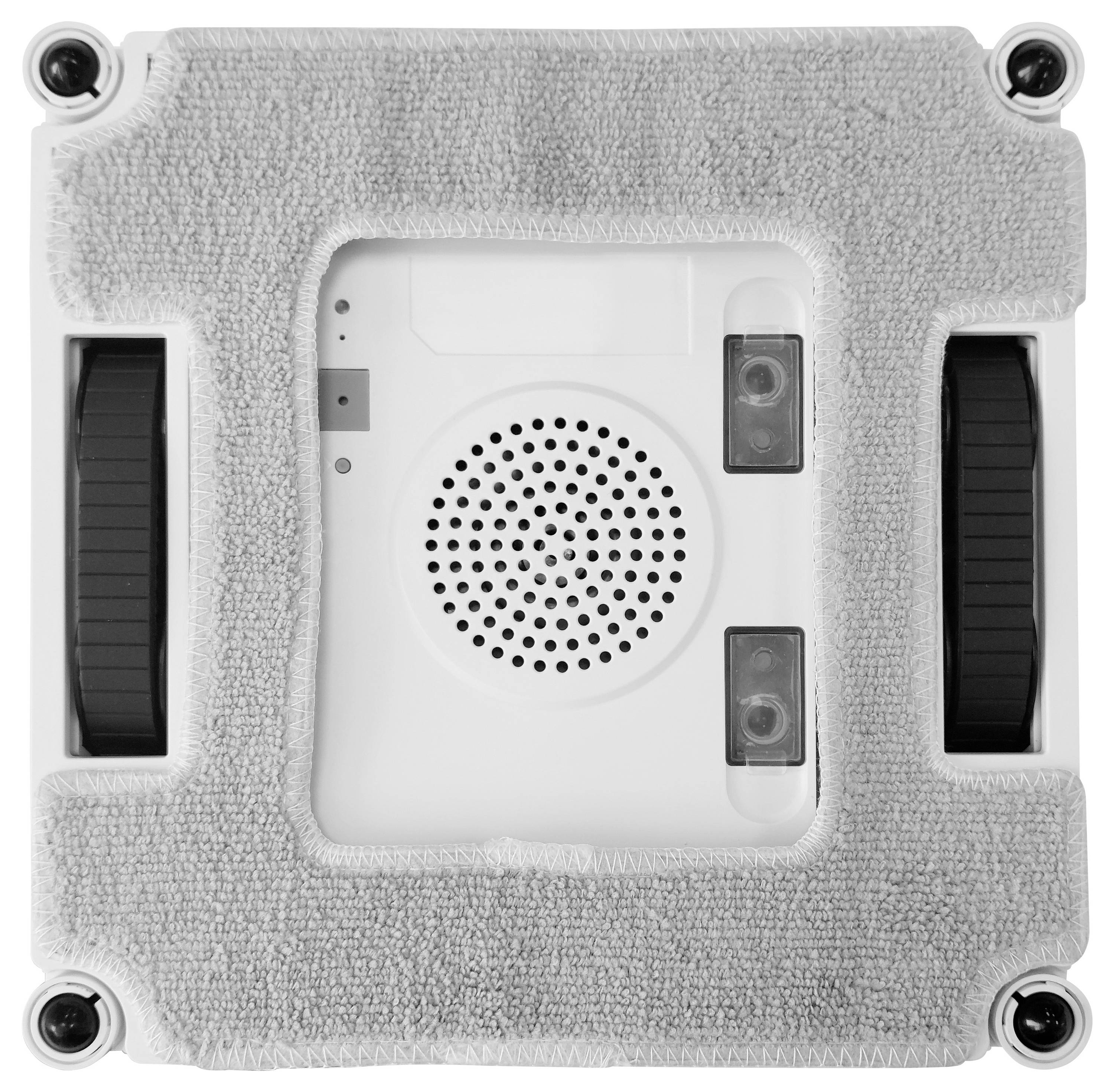 An automatic window cleaning robot with two wheels and a rectangular microfibre cloth on its underside, with air holes in the middle.