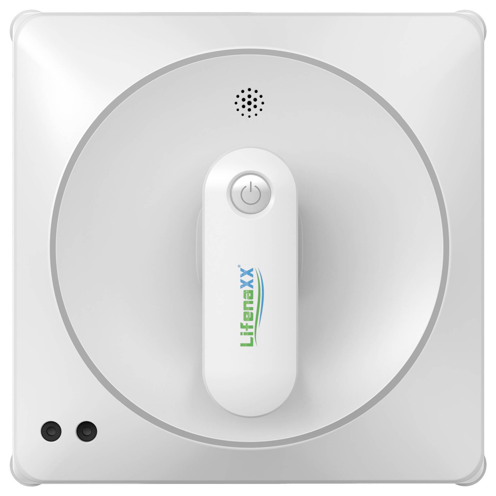 A square, white window cleaning device with a 