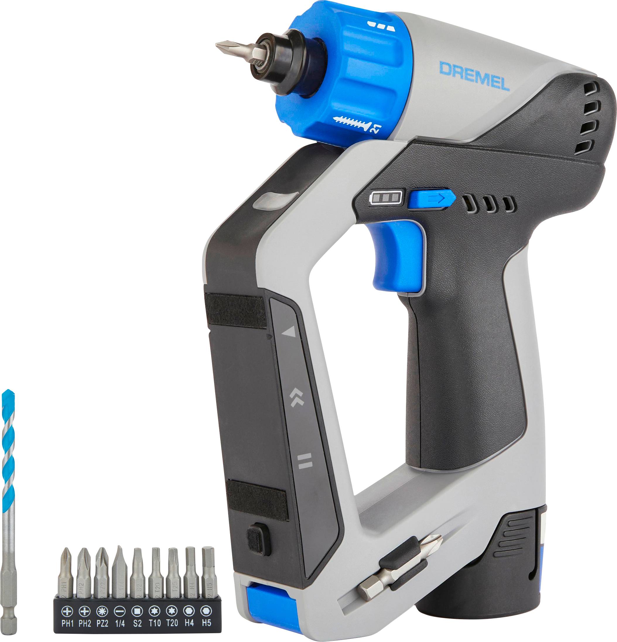 Cordless Screwdriver in Grey-Blue with Bit Set and Drill, ideal for DIY projects. Includes various bits for versatile use.