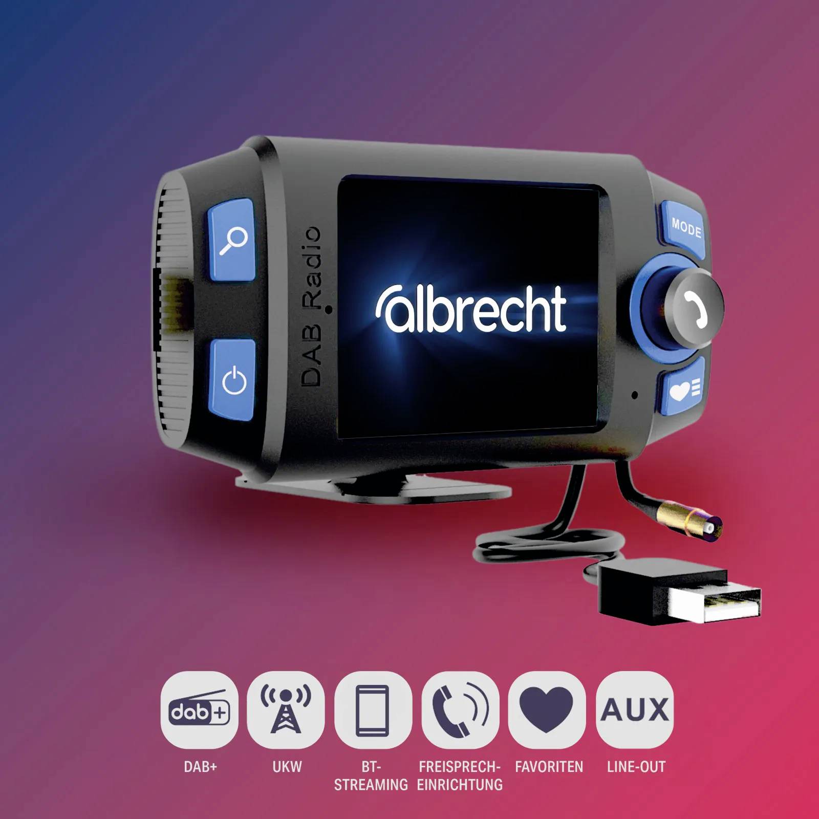 Portable DAB+ radio with the 'albrecht' brand name displayed on the screen. Buttons for favourites and auxiliary input are visible.