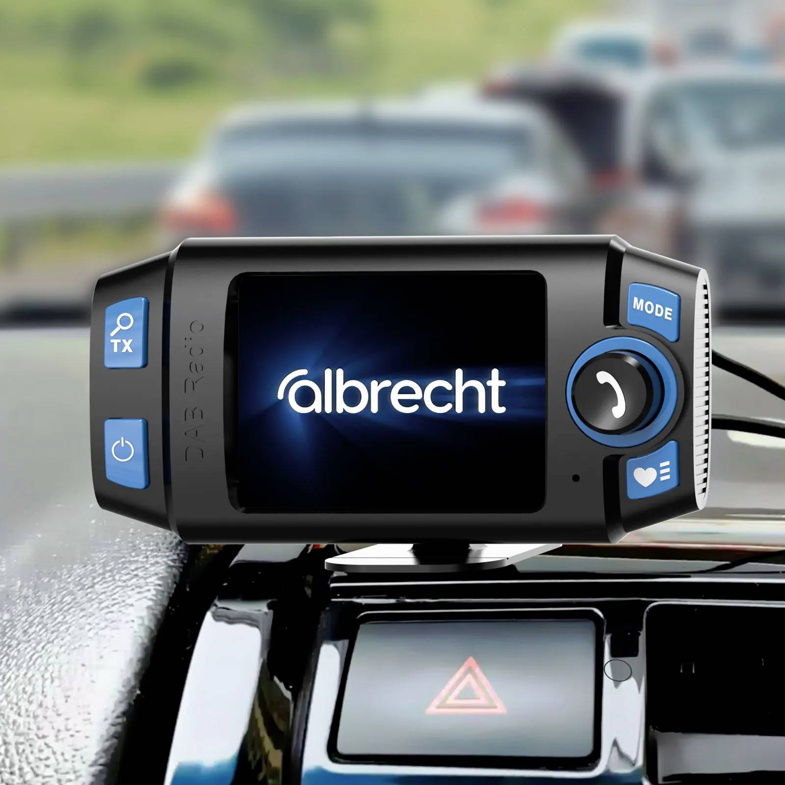 An Albrecht CB radio in a vehicle, installed in the centre console, in front of a blurred motorway scene with cars.