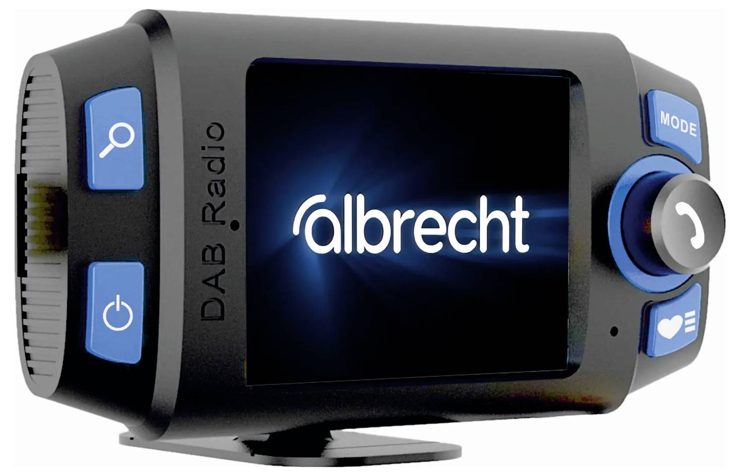 Black DAB radio with a screen, displaying 'albrecht'. It has blue buttons on the side for volume and mode changing.