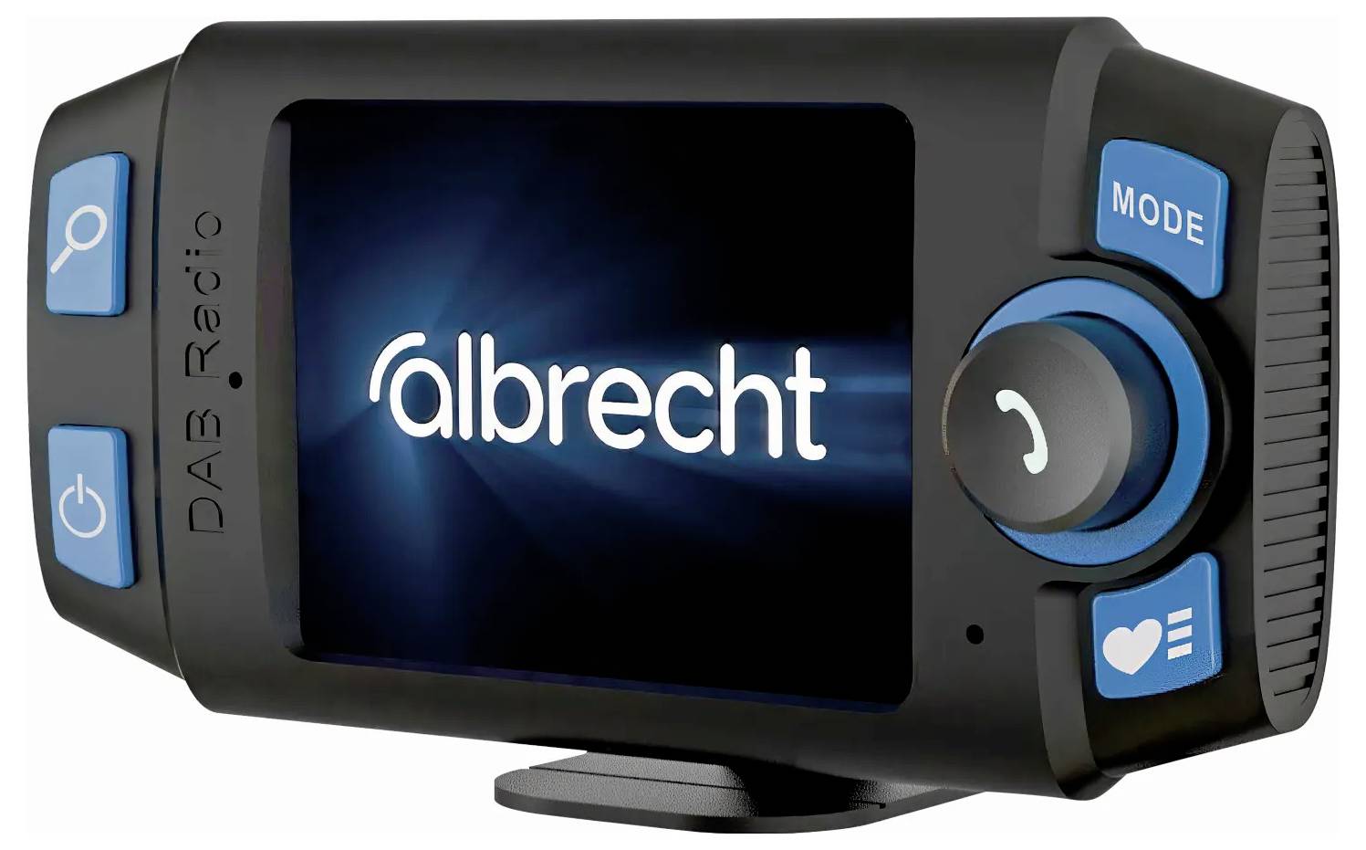 Digital DAB radio with display showing 'Albrecht'. Device features controls for operation and volume adjustment.