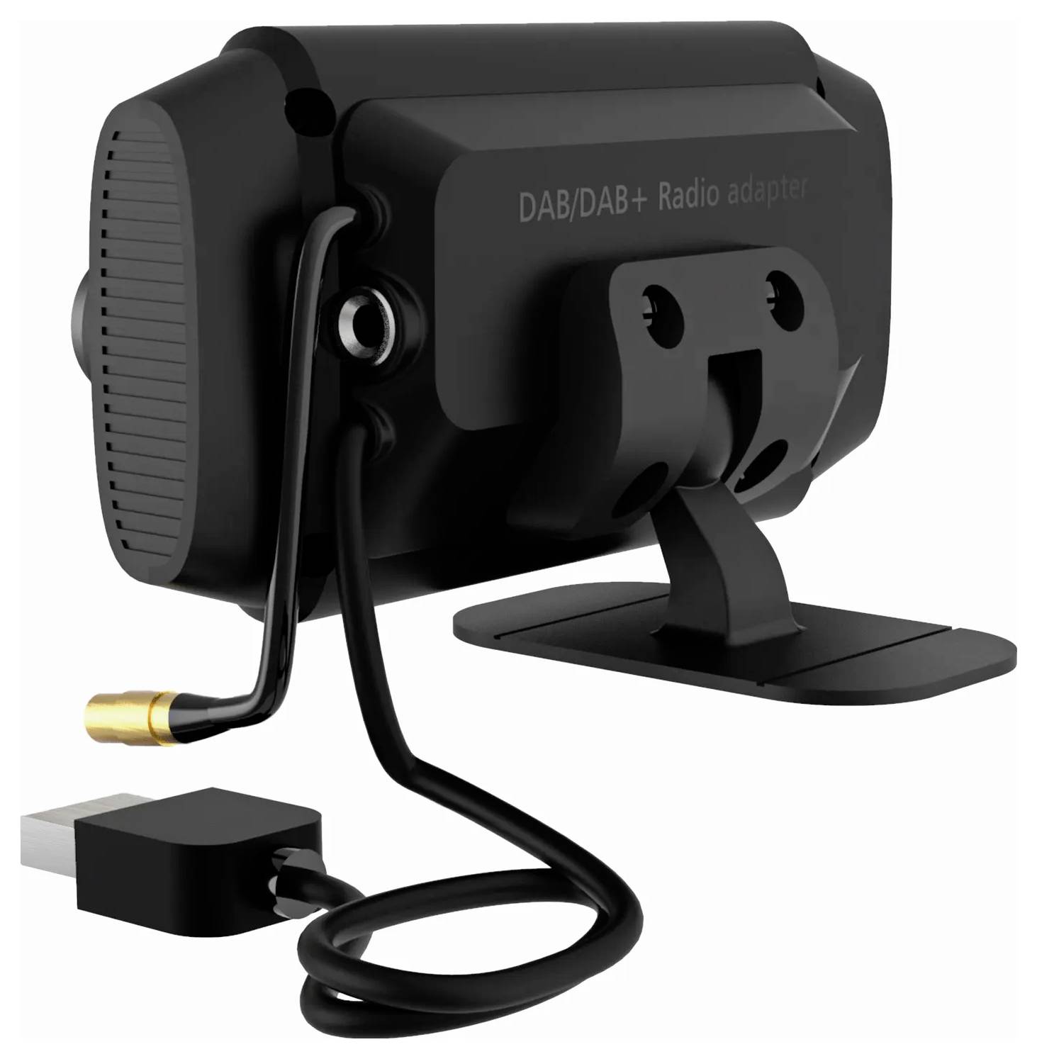 A black DAB/DAB+ radio adapter with a USB port and flexible mounting bracket, pictured from the rear.