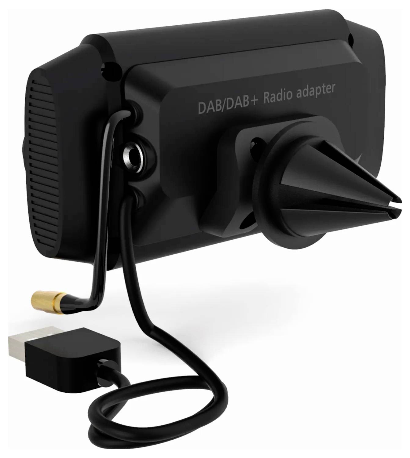 'DAB/DAB+ Radio Adapter' in black, with USB port and air vent mounting bracket for installation in a vehicle.