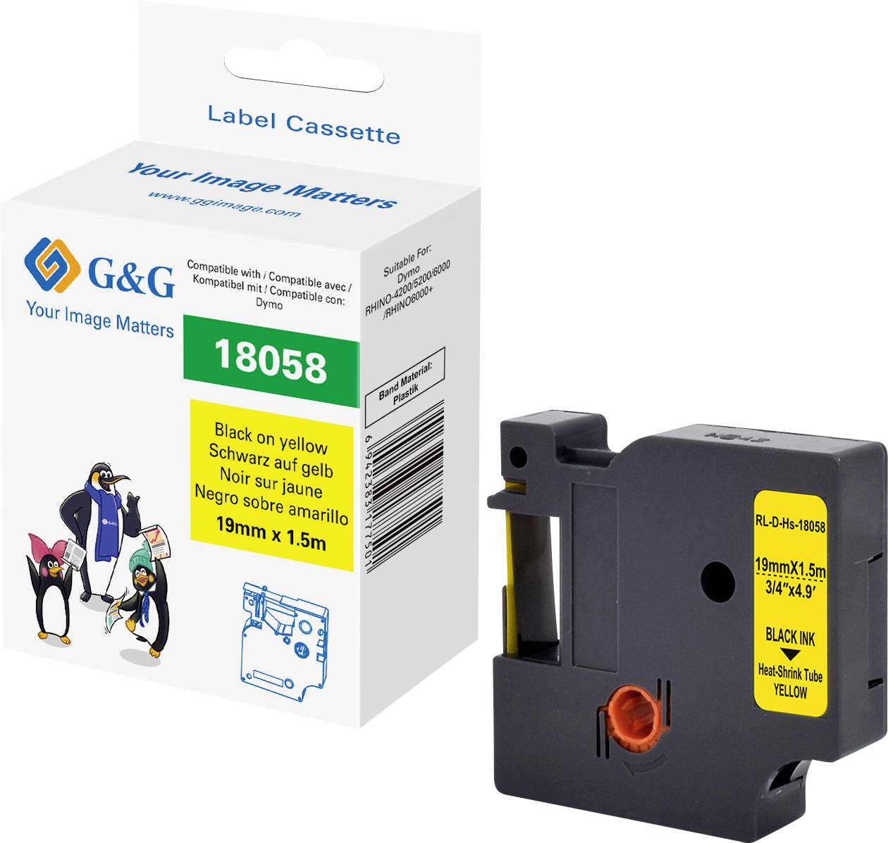 Label cassette with yellow text on black background, compatible with Dymo, size 19mm x 1.5m, packaged in cardboard box.