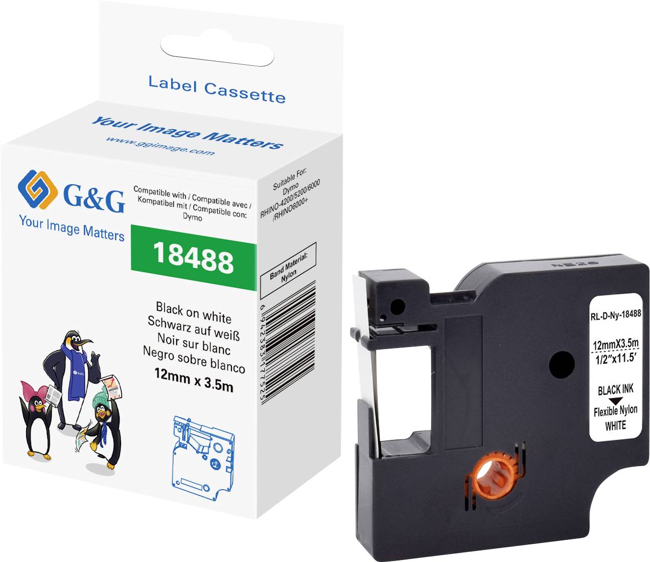 Label set with black text on white tape, 12mm x 3.5m, compatible with specific printer models. Packaging features penguin design.