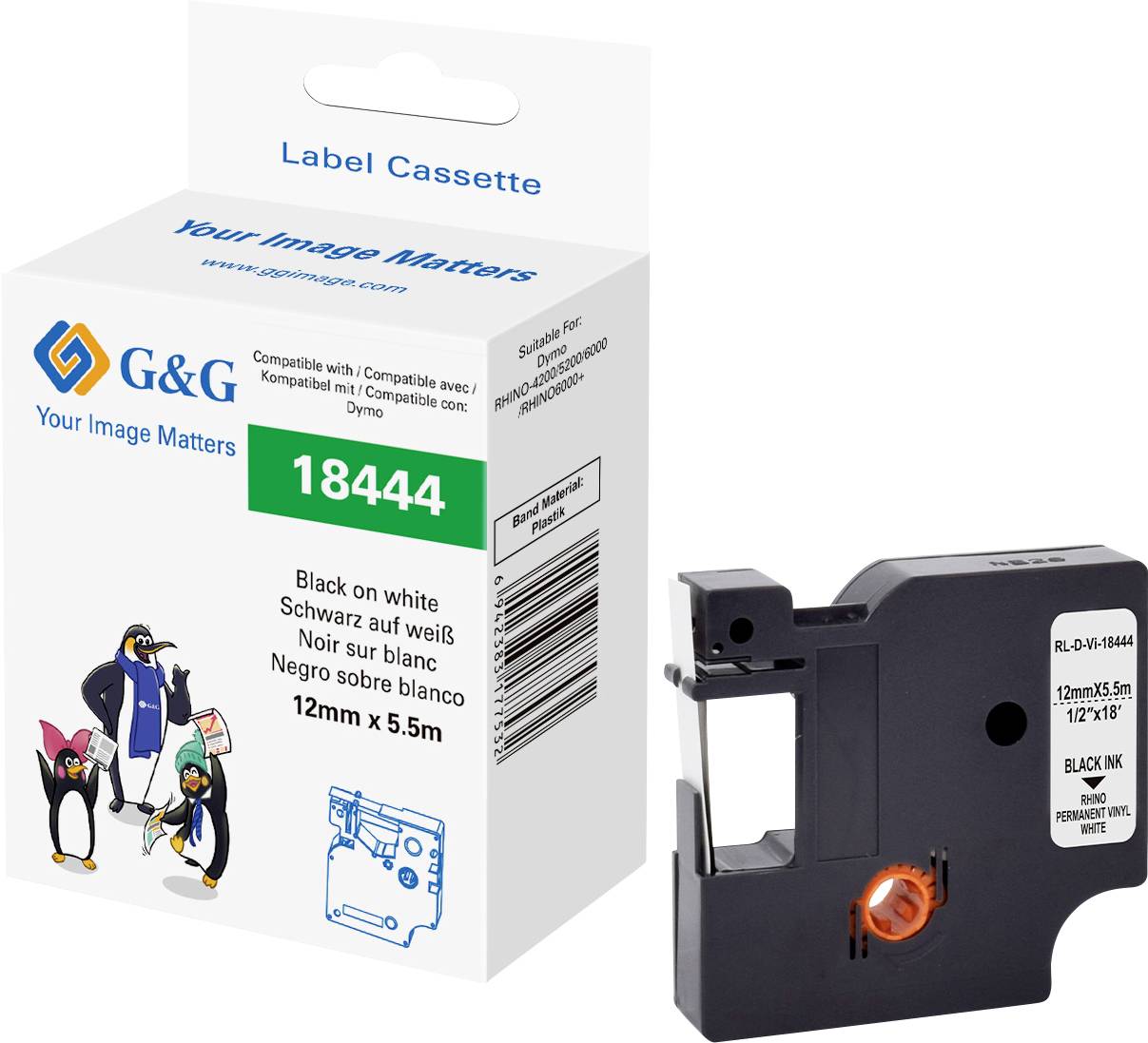 Label Cassette '18444' for Printer, Black on White, 12mm x 5.5m, compatible with Dymo. Packaging shows product details.