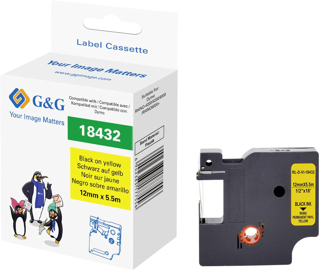 A black and yellow labelling cassette by G&G, 12mm x 5.5m compatible with Dymo printers. Packaging features a penguin mascot.