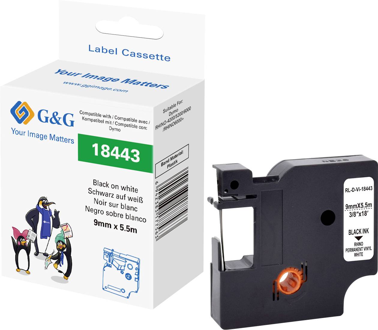 Black labelling cassette for Dymo, 9mm x 5.5m, Model 18443. Packaging shows print in multiple languages.