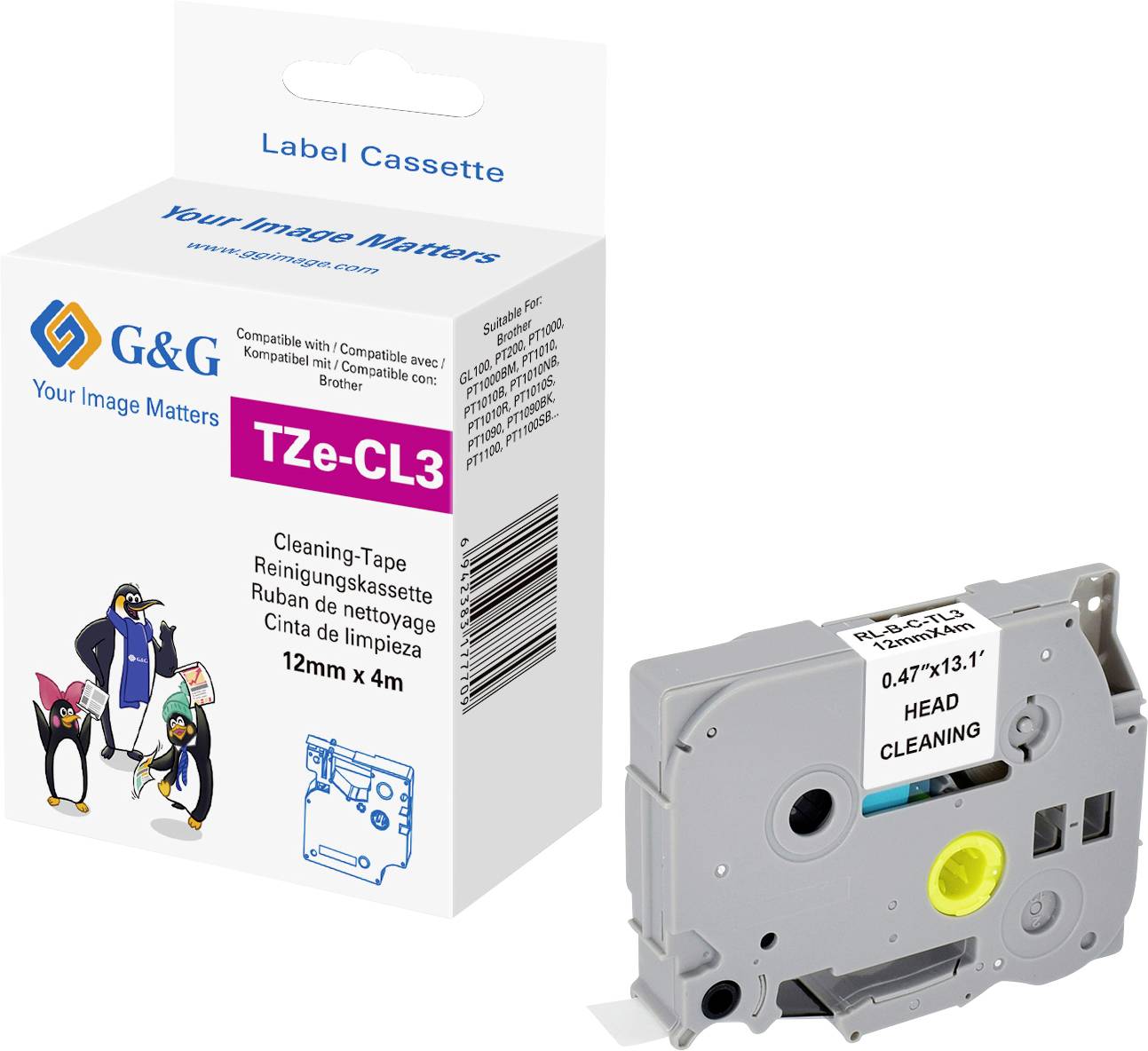 Cleaning cartridge for label printers, Model TZe-CL3, Size 12mm x 4m. Packaging displays labels with penguin design.