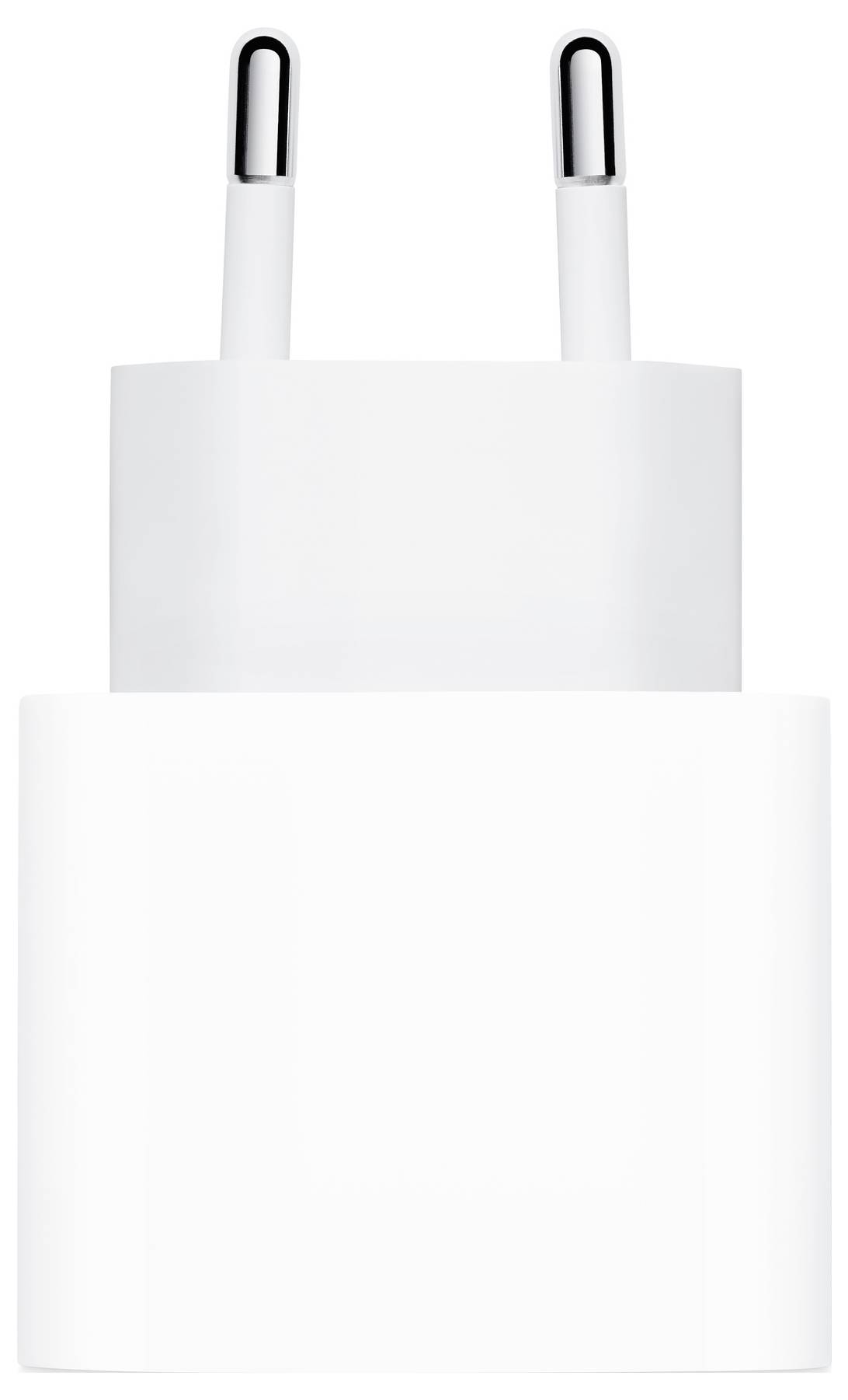 A white, rectangular power adapter with two metal pins on top, typical European design for chargers.