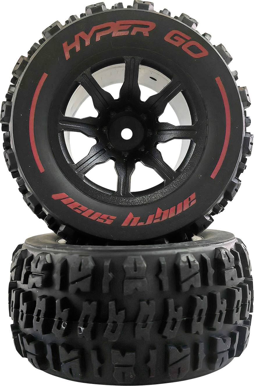 Two chunky tyres with red lettering 'HYPER GO' and 'druss b.houe'. The upper tyre is standing upright, the lower one is lying flat.