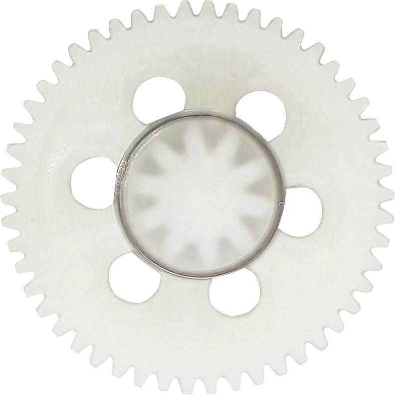 Gear made from white plastic with six large round holes.Note: This is a direct, technically accurate translation to British English, maintaining the original description's concise style.