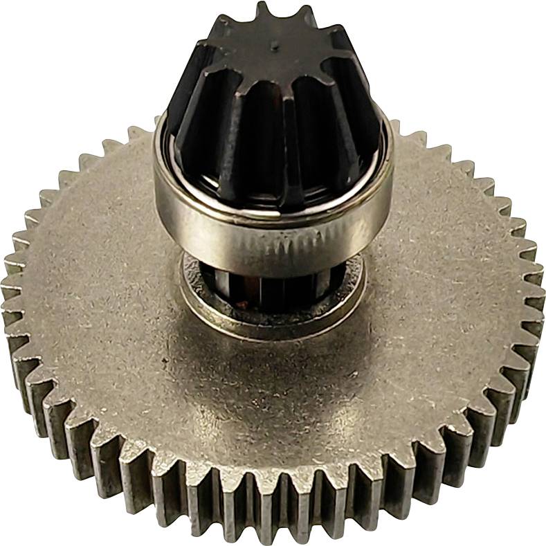 Gear system consisting of a large lower gear wheel and a smaller upper gear wheel mounted on top of it.